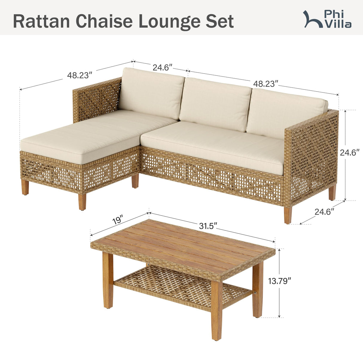 PHI VILLA Wicker Patio Furniture Set, Outdoor L-Shaped Sectional Sofa with Cushions and Acacia Wood Coffee Table, Boho Style for Garden, Deck, or Poolside Lounge，Beige PHI VILLA