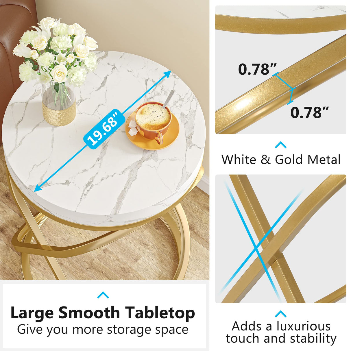 Tribesigns 26 Inches White and Gold Faux Marble Top End Tables Living Room, Round Nightstands Sofa Side Table with Double X-Shaped Ring Unique Design for Bedroom Tribesigns