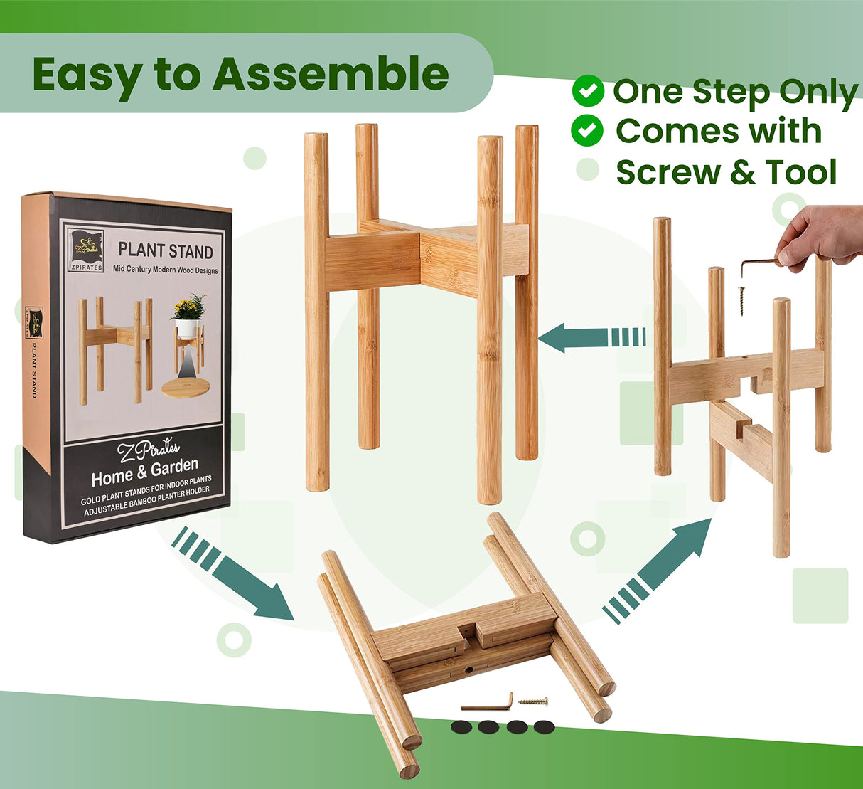 ZPirates Plant Stand for Indoor - Adjustable Sideways to fit 8 10 or 12 Inch-wide Medium-Large Planter Pots of Live and Fake Floor Plants [Leg14-inch Tall] - Bamboo Wood ZPirates