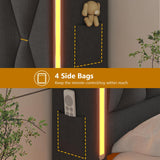 Floating Bed Frame King Size with LED Lights & Private Storage Headboard, King Floating Bed with Charging Station, Fabric Platform Bed, No Box Spring Needed, Noise-Free, Dark Gray BYSAUD