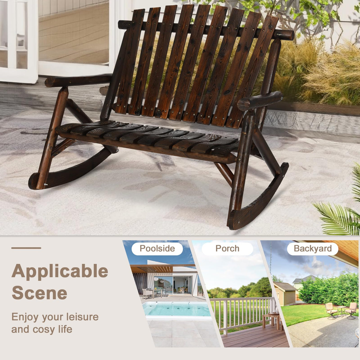 EPICOZY Outdoor Double Wooden Rocking Bench, Adirondack Porch Rocker Chair for 2 Persons, Patio Rustic Log Rocker Loveseat with High Slatted Seat & Backrest for Deck, Backyard, Garden, Carbonized EPICOZY