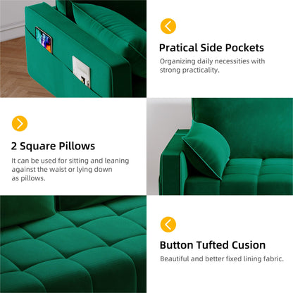 DWVO 70" Loveseat Sofa, Velvet Fabric Sofa Couch for Small Space, Modern Loveseat with Button Tufted Seat and Side Storage Pockect, 3 Seater Couch for Living Room Bedroom, 2 Pillows Included, Green