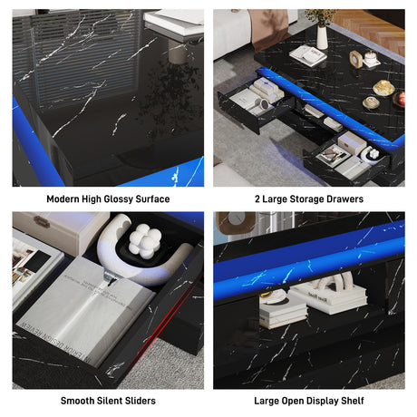 47.2 inch Modern High Glossy LED Coffee Table with 2 Sliding Drawers, Double-Layer Center Tables with LED Lights for Livings Room Furniture, Black chartustriable