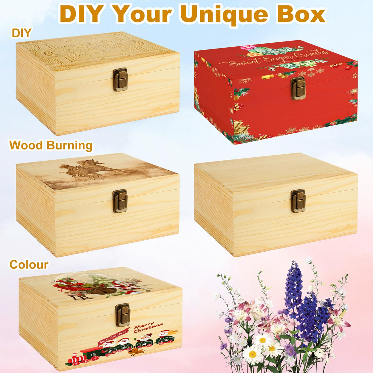 DAJAVE 2 Pack Unfinished Wooden Box, Wooden Storage Box with Hinged Lid, Pine Wood Box DIY Craft Stash Boxes for Crafts DIY, Jewelry Home Storage (12x7.8x3 Inch) DAJAVE