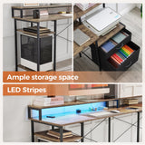 Mericonia L Shaped Gaming Desk, 66 inch Corner Computer Desk with File Drawer, Gaming Table with Led Lights, Workstation with Monitor Shelf, Printer Storage Shelves, Two Person Table, Grey Mericonia