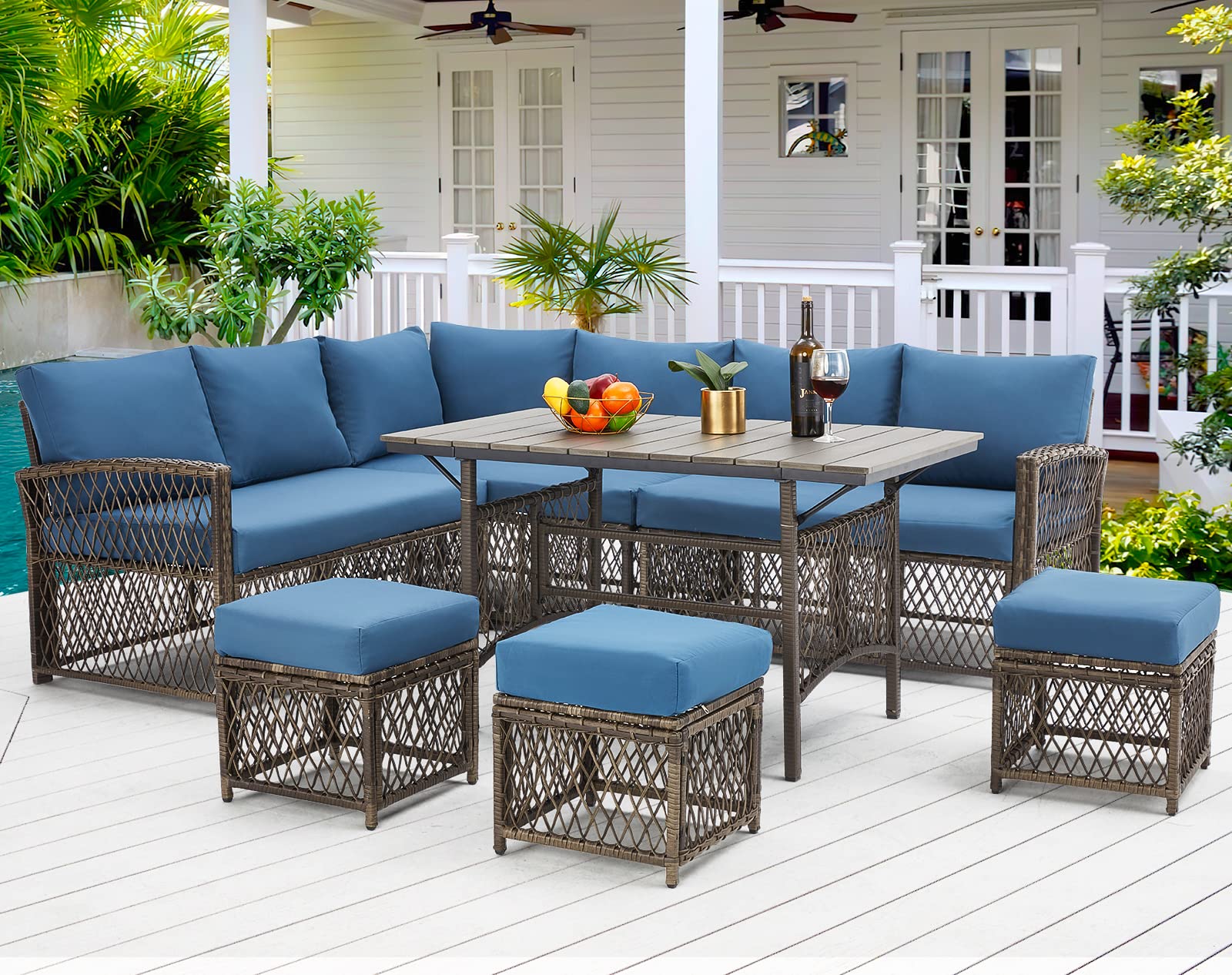 AECOJOY Patio Furniture Set, Outdoor Patio Furniture with Dining Table&Chair, 7 Pieces All Weather Wicker Conversation Set with Ottoman,Navy - WoodArtSupply