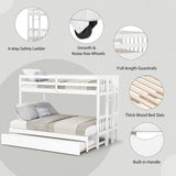 KOTEK Pull-Out Bunk Bed with Trundle, Twin Over Full, Twin Over 2 Twins Bunk Bed with Ladder & Safety Rails Accommodate 4 People, Detachable Solid Wood Bunk Bed for Kids, Adults (White) KOTEK
