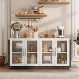 AMERLIFE Sideboard Buffet Cabinet, Mixed Color Accent Cabinet with LED Lights, Modern Glass Doors Storage Cabinet with Adjustable Shelf, Console Table for Dining, Living Room, White and Grey AMERLIFE