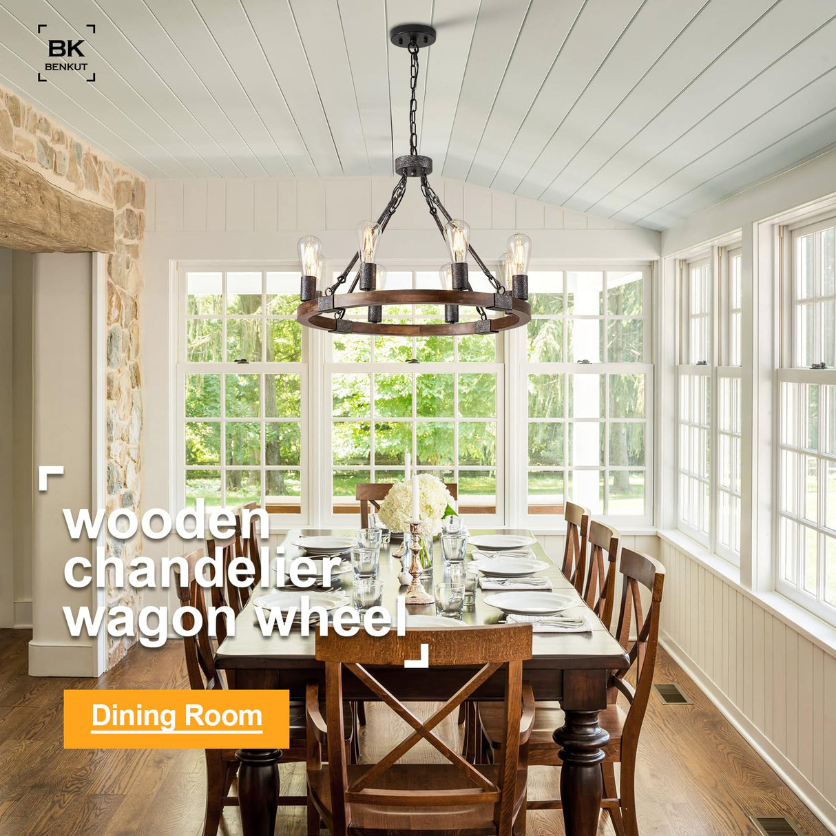 Benkut Farmhouse Wagon Wheel Chandelier 23.6" Black Rustic Light Fixtures 8-Light Wood Round Chandelier for Dining Room Kitchen Entryway Foyer Benkut