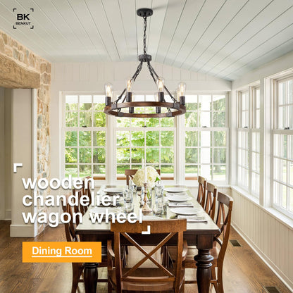 Benkut Farmhouse Wagon Wheel Chandelier 23.6" Black Rustic Light Fixtures 8-Light Wood Round Chandelier for Dining Room Kitchen Entryway Foyer