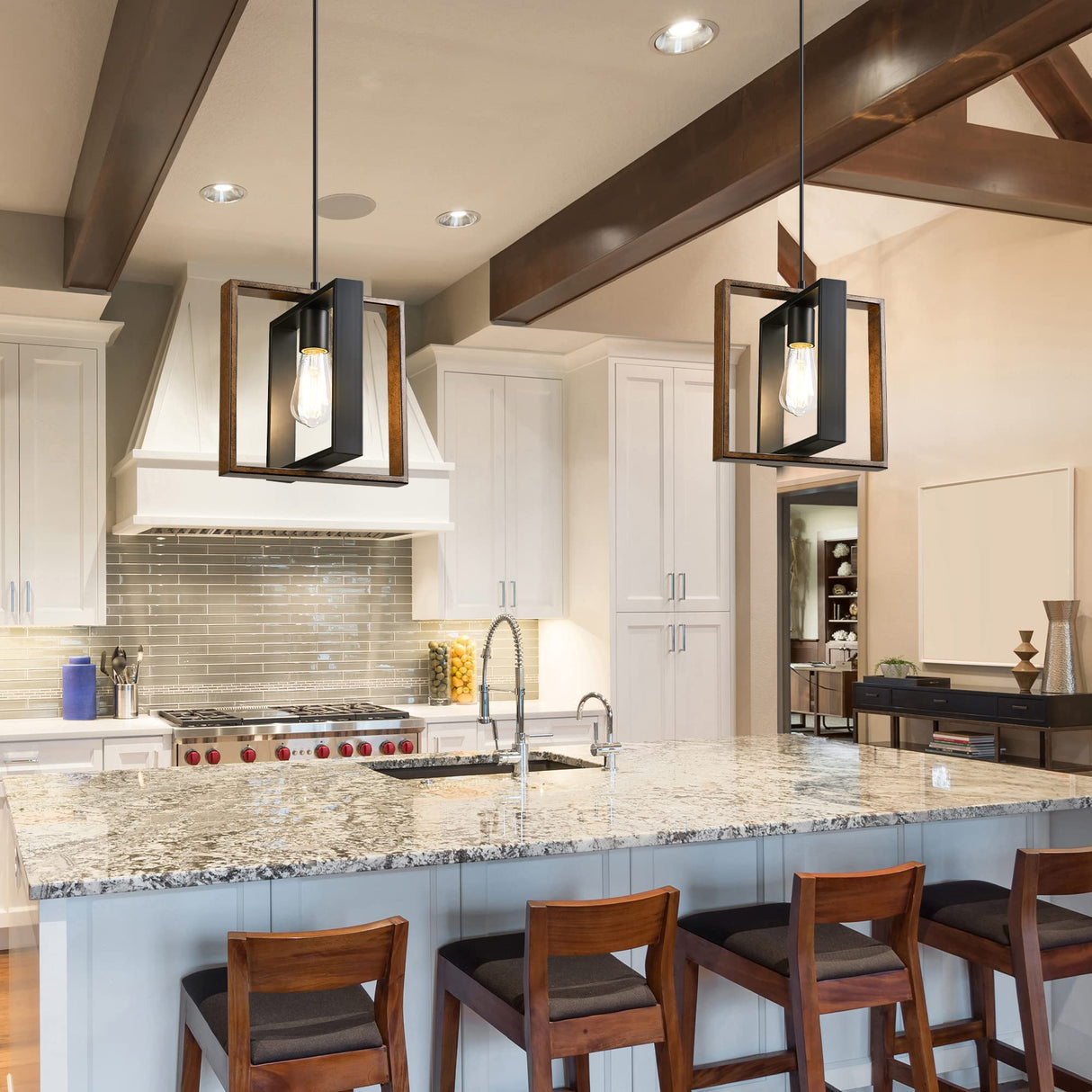 EDISHINE Farmhouse Pendant Light Fixture, Rustic Hanging Light Fixture with Wood Grain and Black Finish, Pendant Lighting for Kitchen Island, Dining Room, Hallway, Adjustable Cord EDISHINE