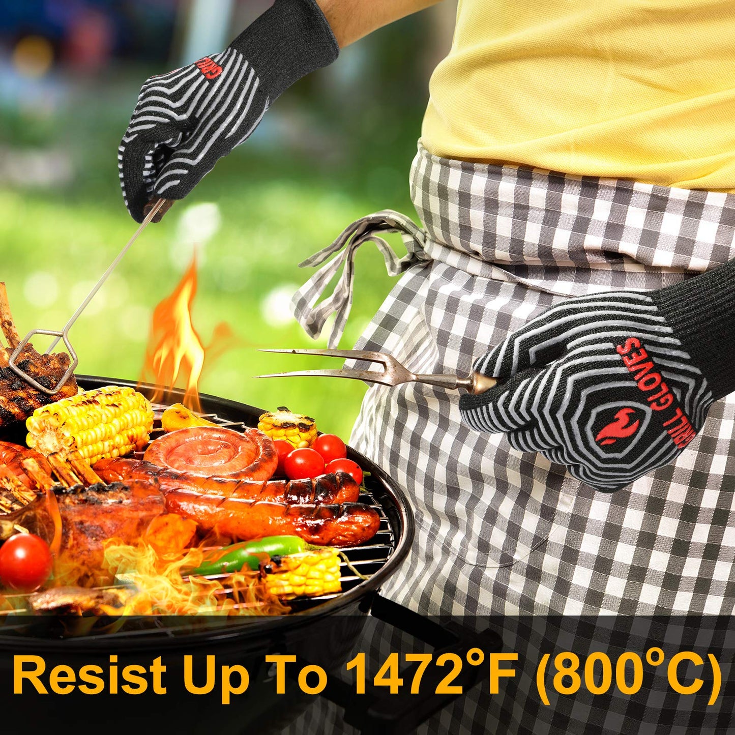 QUWIN BBQ Gloves, Oven Gloves 1472℉ Extreme Heat Resistant, Grilling Gloves Silicone Non-Slip Oven Mitts, Kitchen Gloves for BBQ, Grilling, Cooking, Baking-1 Pair… (Black, One Size Fits Most)