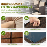 LHBcraft 9 Pieces Patio Dining Sets Outdoor Conversation Sets, Space Saving Wicker Chairs with Glass Table and Ottomans, Cushioned Seating and Back Sectional Dining Sets(BR-BE) LHBcraft