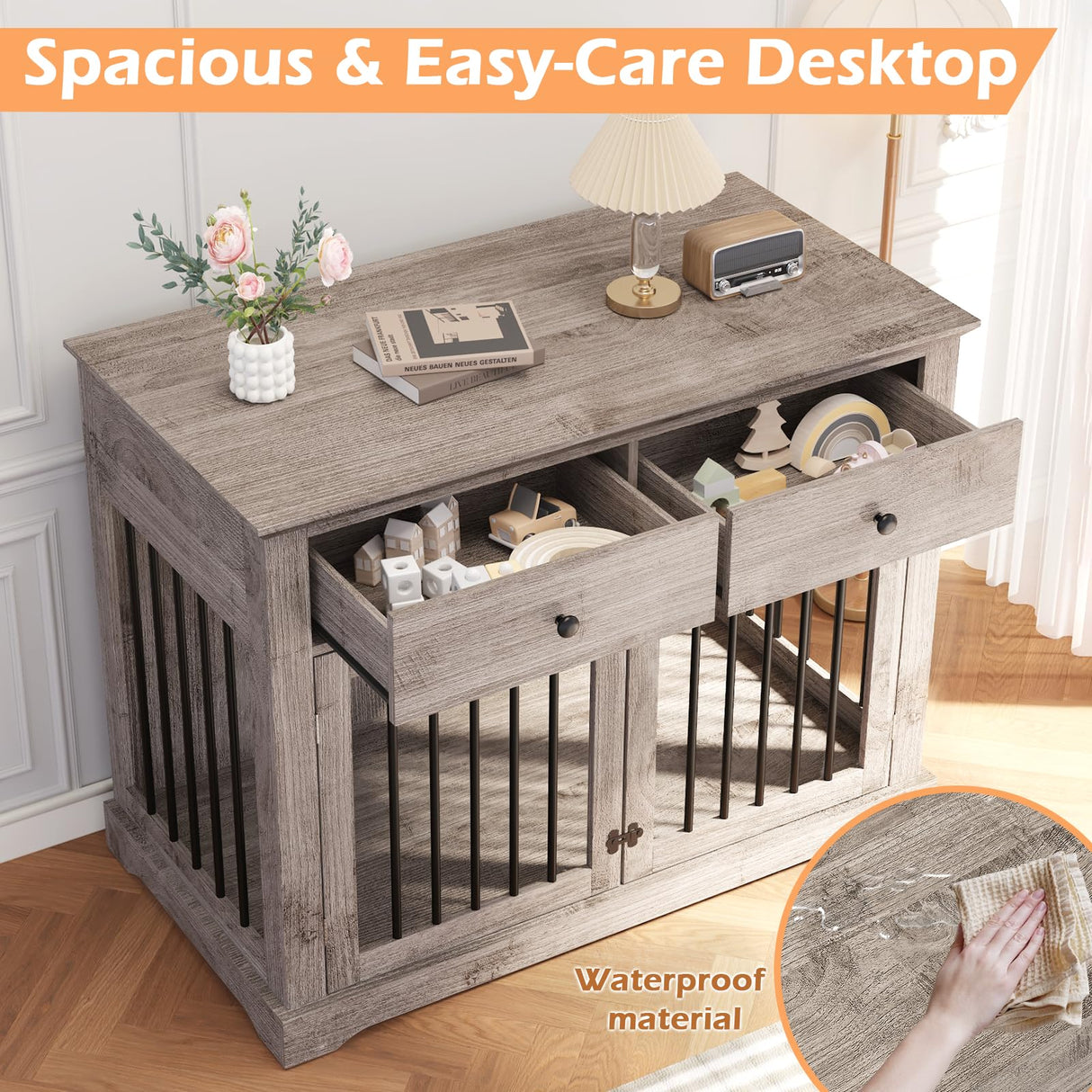 Dog Crate Furniture, 44 Inch Wooden Dog Kennel Furniture Indoor with 2 Storage Drawers, Heavy Duty Large Dogs Crate Furniture, Cage & House Furniture for Small Medium Large Dogs, Grey VENDORZ