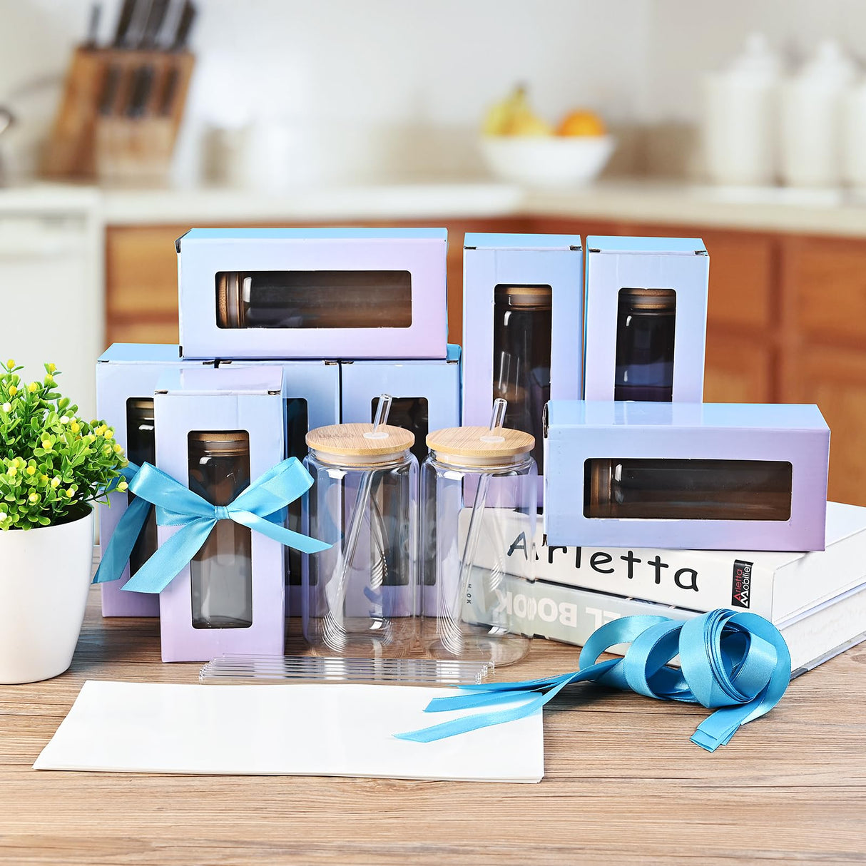 MAFYE Sublimation Glass Blanks With Bamboo Lid, 16OZ Clear Sublimation Beer Can Glass with Glass Straws Present Box Mason Jar Cups Mug Travel Tumbler for Beer, Juice, Soda, Iced Coffee, Drinks(8 PACK) MAFYE