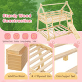 Giantex Twin Over Queen Bunk Bed, Wood House Bunk Bed for Kids with Climbing Nets and Ramp, Floor Queen Size Bunk Beds with Safety Guardrail, No Box Spring Needed, for Boys Girls Adults (Natural) Giantex