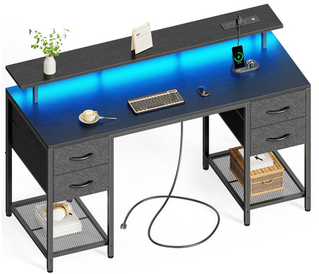 Huuger 55 inch Computer Desk with 4 Drawers, Gaming Desk with LED Lights & Power Outlets, Home Office Desk with Large Storage Space for Bedroom, Work from Home, Black Huuger