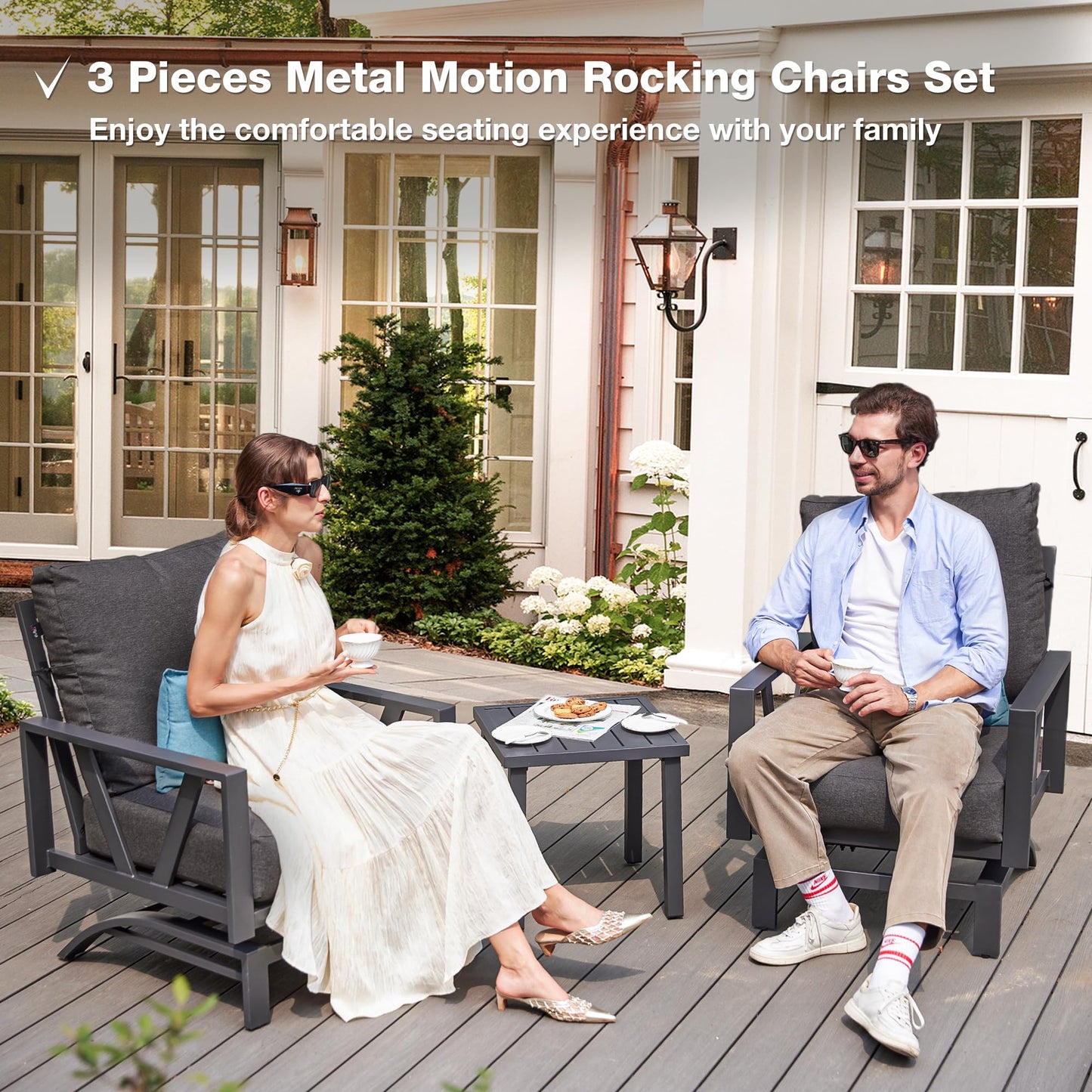 COMLAX FIELD Outdoor Patio Porch Furniture Set, 3 Pieces Patio Bistro Conversation Set with Coffee Table, Metal Patio Motion Rocker Chairs, Grey - WoodArtSupply