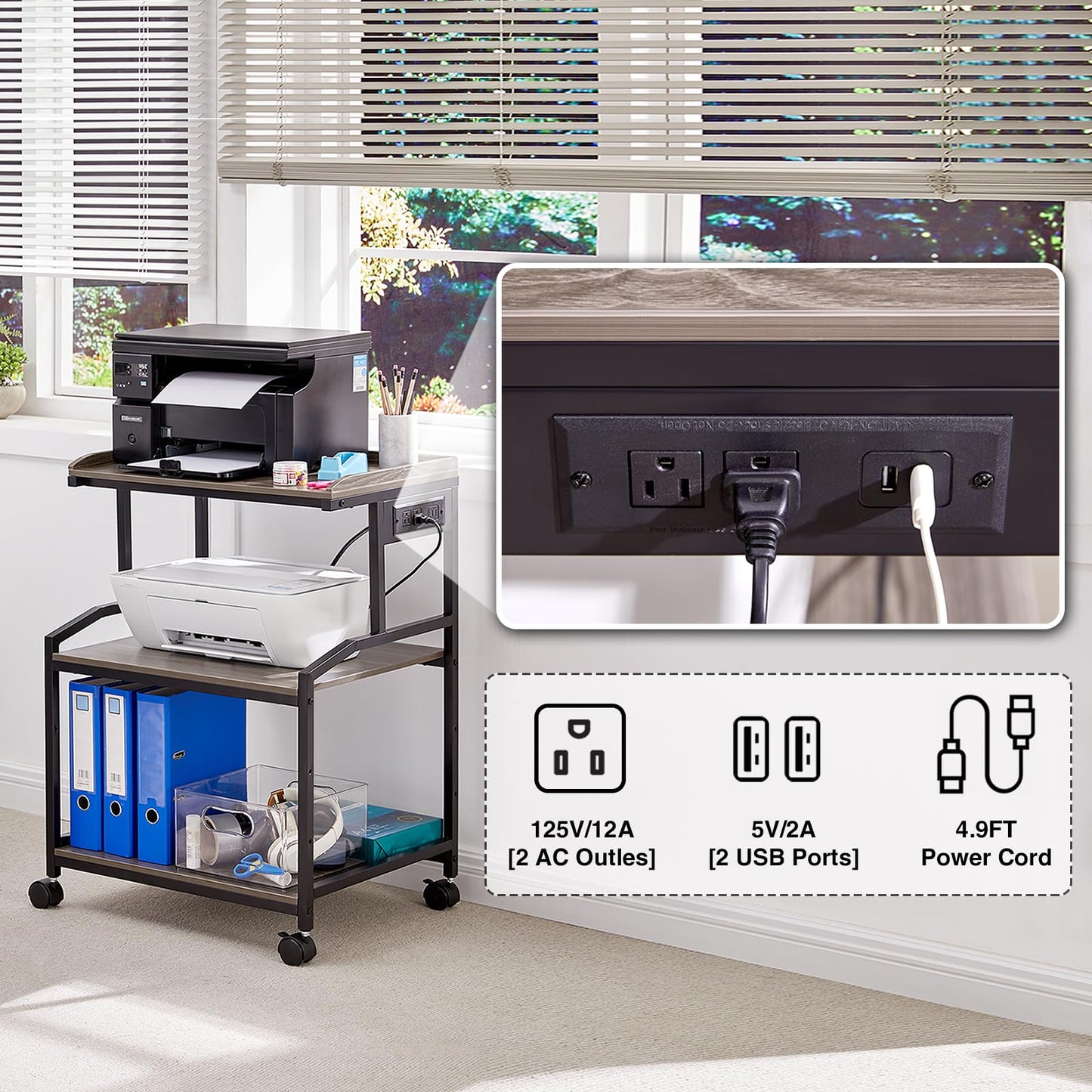 Lauren&Harold 3-Tier Printer Stand with Storage Printer Table with Charging Station and USB Ports, Rolling Printer Cart with Adjustable Shelf, Large Printer Stand with Wheels for Home Office - WoodArtSupply