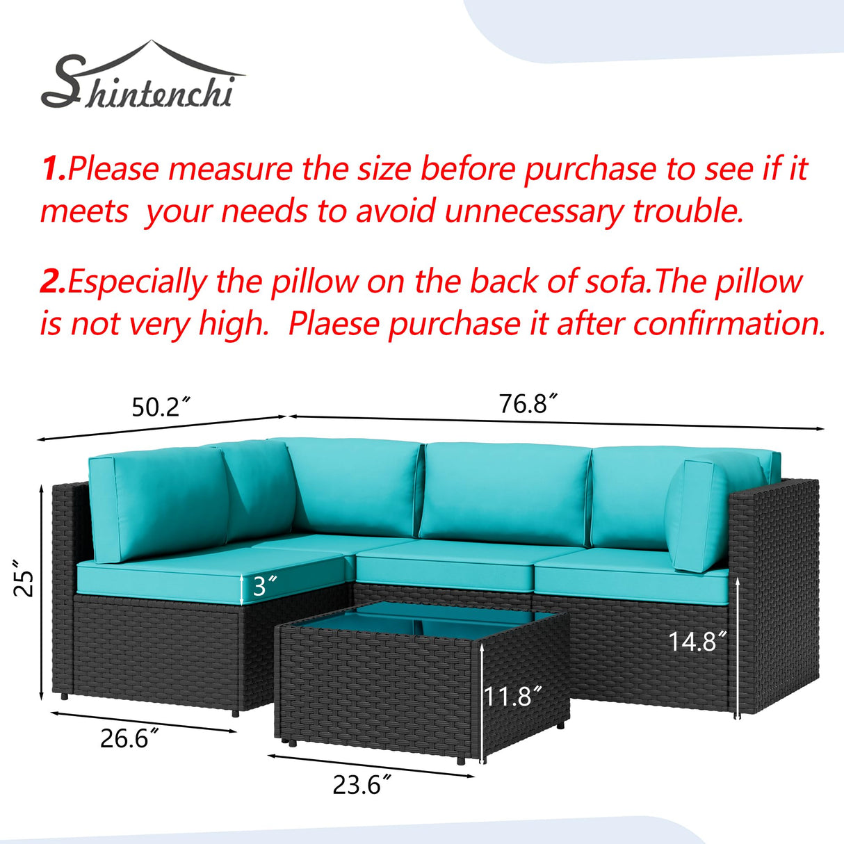 Shintenchi 5 Pieces Outdoor Patio Sectional Sofa Couch, Black PE Wicker Furniture Sets, Patio Conversation Sets with Washable Cushions Glass Coffee Table for Garden, Poolside, Backyard,Blue Shintenchi