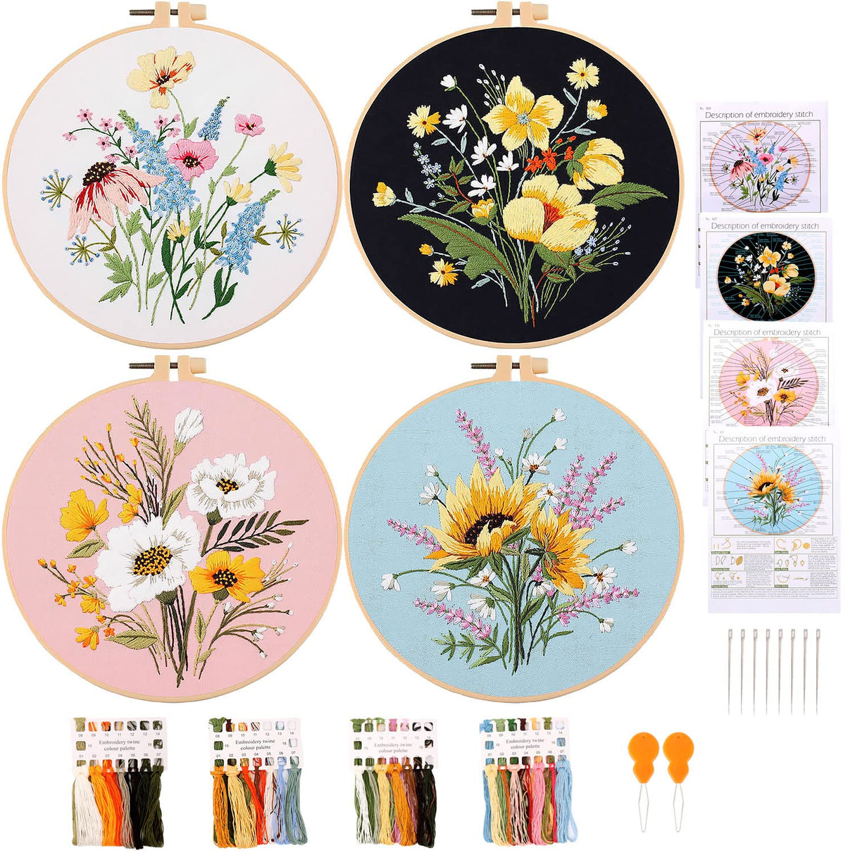 4 Sets Cross Stitch Embroidery Kits for Beginners Adults, Flower Stamped Pre Printed Cross Stitch Kits, Full Range of Embroidery Starter Kit with Instructions, 4PCS Embroidery Hoops, Threads and Tools MAMUNU