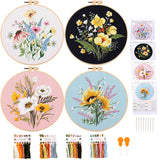 4 Sets Cross Stitch Embroidery Kits for Beginners Adults, Flower Stamped Pre Printed Cross Stitch Kits, Full Range of Embroidery Starter Kit with Instructions, 4PCS Embroidery Hoops, Threads and Tools MAMUNU