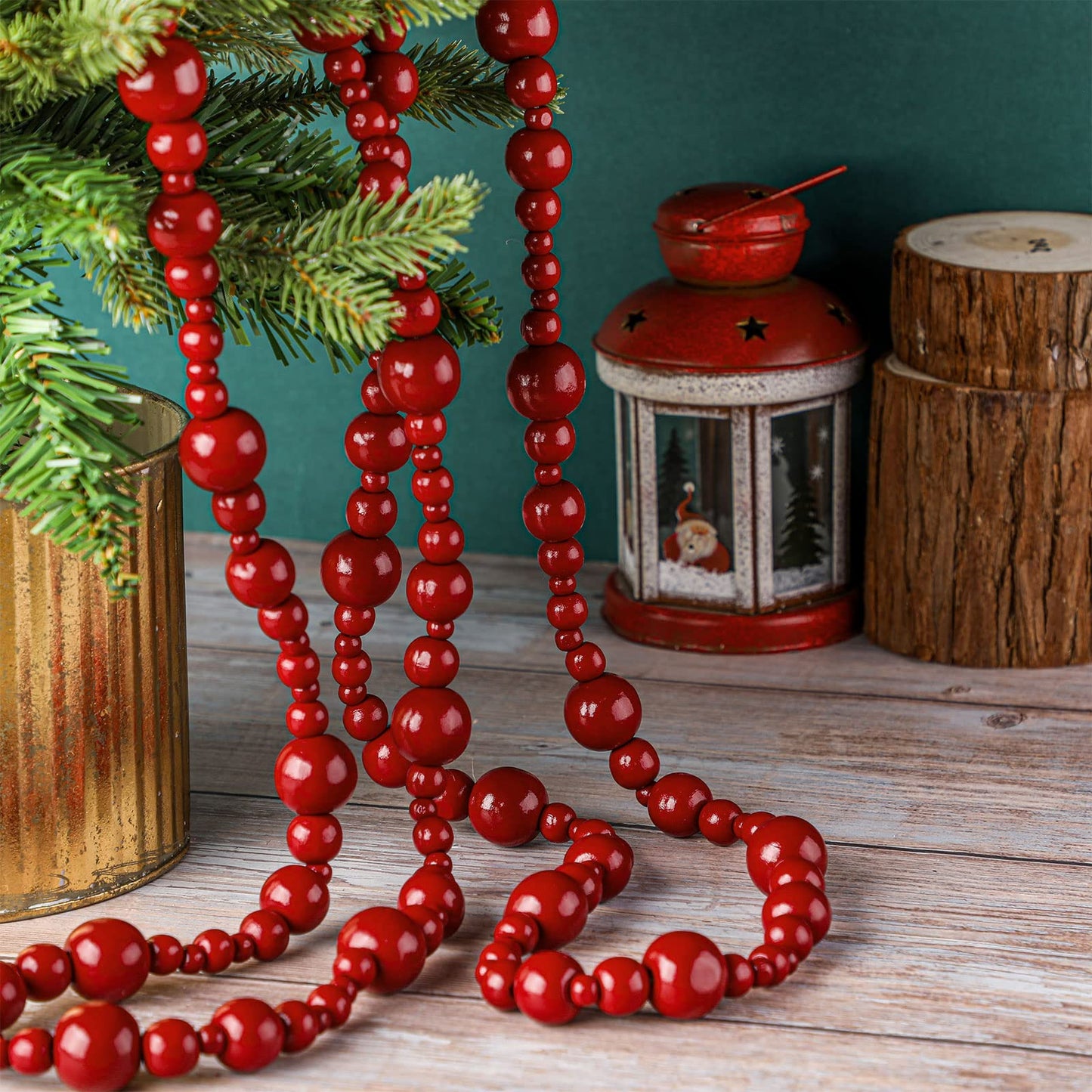 2 Pcs/ 16.4 Feet Christmas Wood Bead Garland Rustic Christmas Wooden Beads Decorative Christmas Tree Wood Beaded Garland Decor Farmhouse Boho Ornaments for Christmas Decoration Supplies (Dark Red)