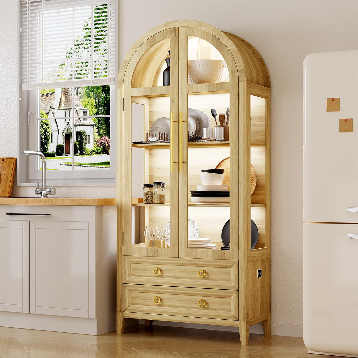 LVSOMT 71" Tall Arched Storage Cabinet with Glass Doors and Drawers, Curio Display Cabinet with Adjustable LED Light & Human Sensor, 4-Tier China Cabinet for Living Room(Wood) LVSOMT