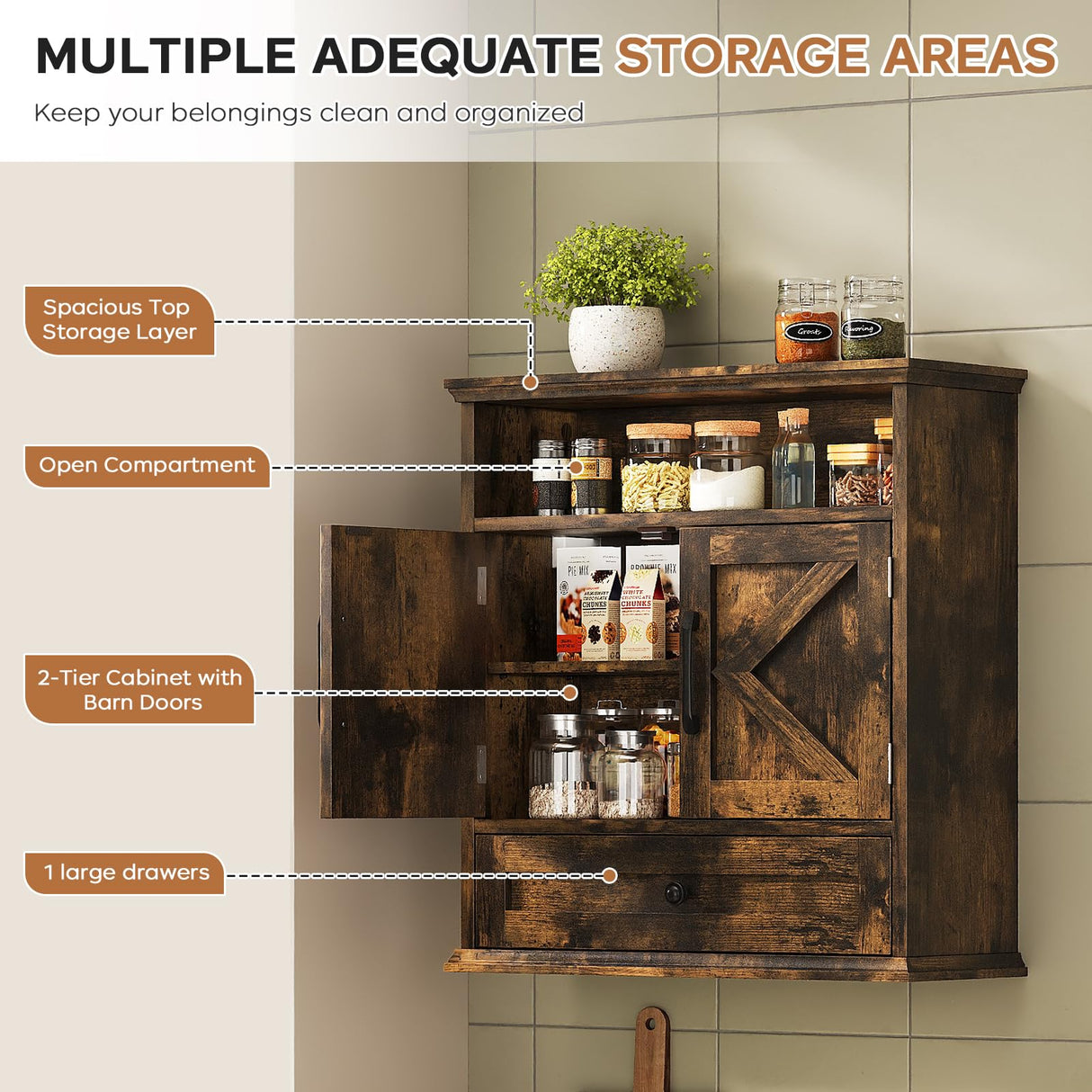 Bathroom Wall Cabinet, Wall Mounted Medicine Cabinet with Drawer, Barn Door & Adjustable Shelf, 24.4"H x 23.6"W x 9"D Rustic Brown Over Toilet Farmhouse Storage Cabinet for Kitchen, Laundry, Entryway Viroformo