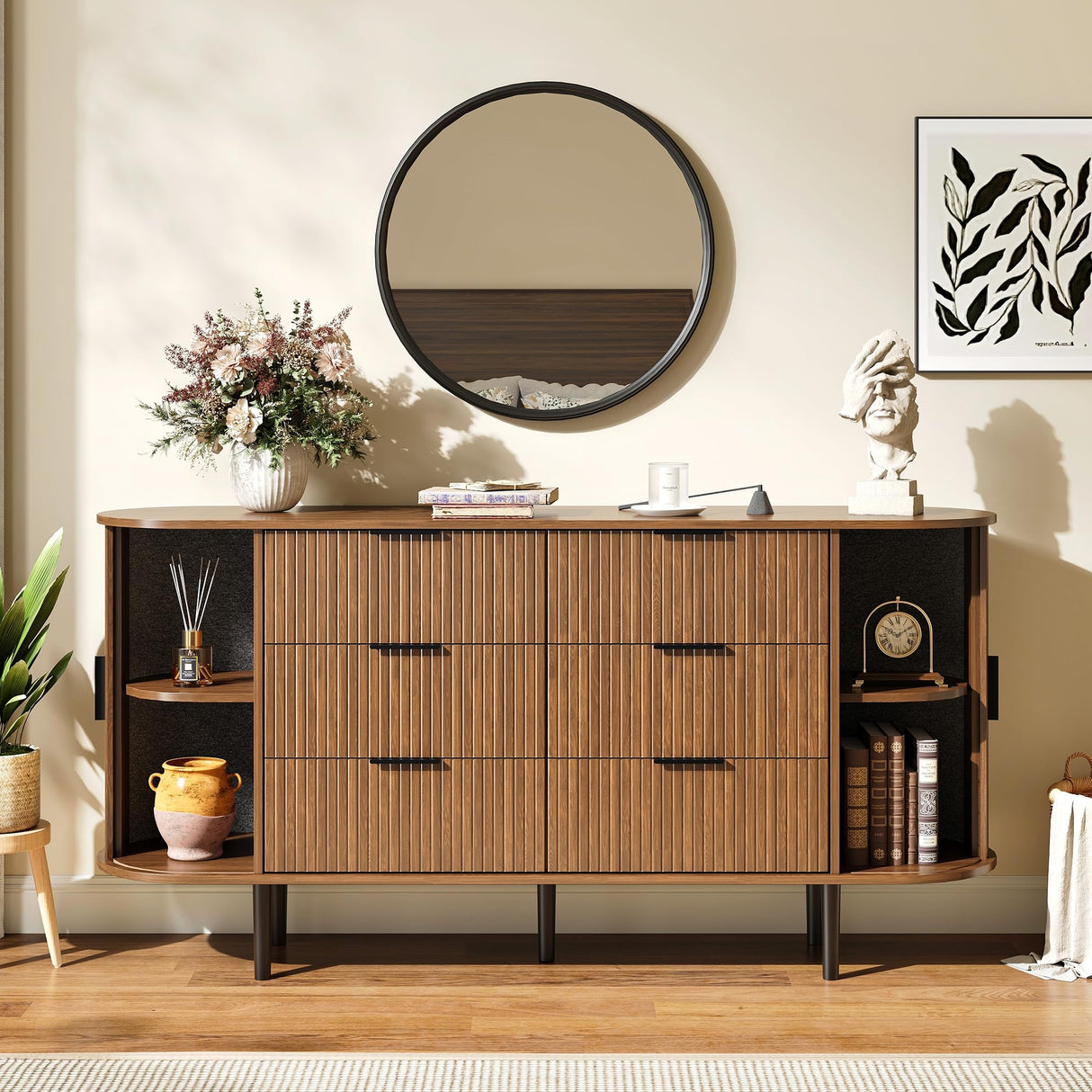 BVIUNTWO Fluted 6 Drawer Dresser, 63" Wide Modern Chest of Drawers with Metal Handle, Curved Edge Design, Wood Storage Credenza Cabinet for Bedroom,Living Room, Brown BVIUNTWO