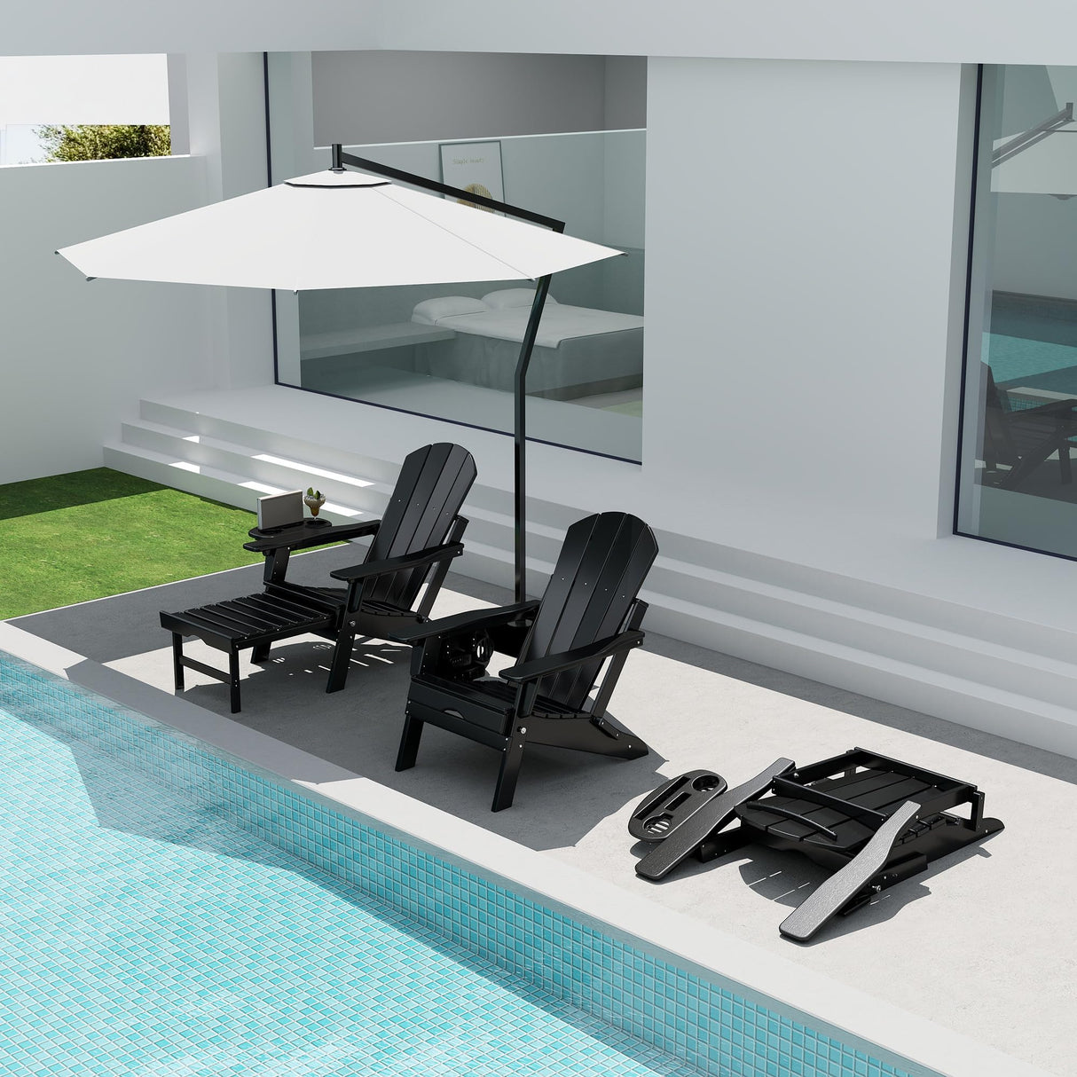 NAVINE Adjustable Adirondack Chair Set of 2 with Ottoman, Folding Adirondack Chair, HDPE Adirondack Chair with Multifunctional Cup Holder Trays for Deck, Terrace, Patio, Poolside, Fire Pit. NAVINE