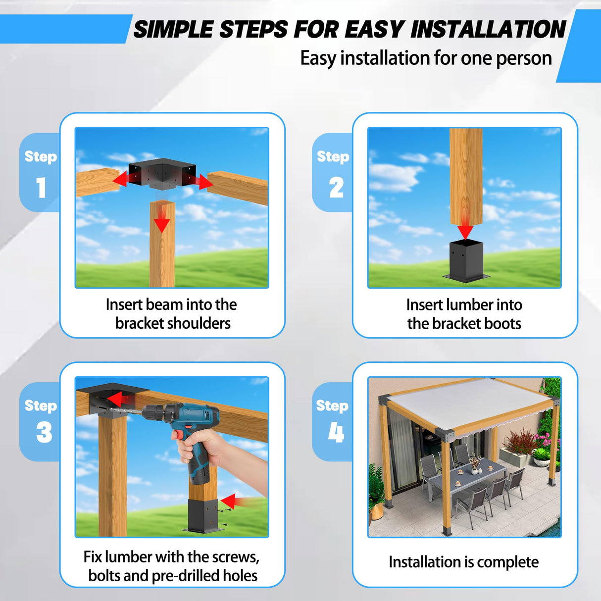 Jurrque Aluminum Alloy Pergola Kit with 3-Way Brackets for 4"x 4" Lumber,Lightweight,High-Strength DIY Pergola Brackets Support for Pergolas,Gardens,Outdoor Shelters,Gazebo Brackets Includes Screws. Jurrque