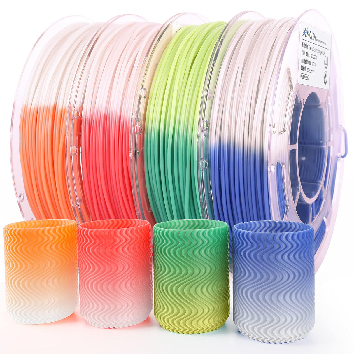 AMOLEN 3D Printer Filament Bundle, Temp Change PLA Filament 1.75mm Bundle,Color Change with Temperature Filament Sets, 3D Printing Filament +/- 0.02mm, Green/Blue/Red/Orange, 200g X 4 AMOLEN