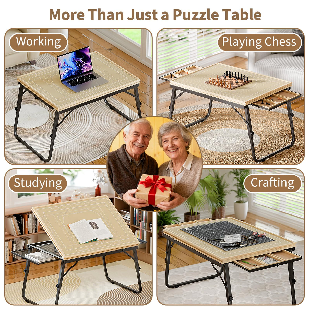 Puzzle Table with Drawers for 1500 Piece Jigsaw Puzzles – Adjustable Tilting Puzzle Board with Folding Legs & 6 Slidable Sorting Trays for Adults, Portable Wooden Puzzle Boards with Protective Cover EVAWOO