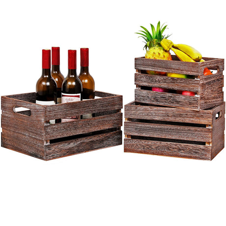 Decorative Wood Crates Nesting Crates Wooden Storage Container for Display,Rustic Handmade for Storage with Handles,Farmhouse Wood Basket for Party,Office,Bedroom,Kitchen,Decor Boxes-Brown Set of 3 CYXIYO6