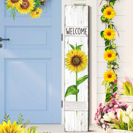 Chitidr Summer Porch Sign Sunflower Wooden Welcome Sign for Front Porch Standing Vertical Porch Sign Rustic Spring Front Porch Decor with White Background for Farmhouse Door Porch Decoration, 42 H Chitidr