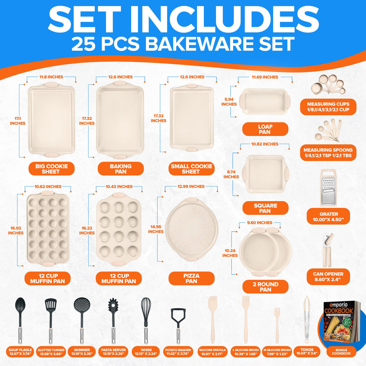 Emporio Kitchen Baking Pan Set - Nonstick Coating, Carbon Steel Bakeware Set with White Silicone Handle, PFOA, PFOS, PTFE Free, Recipe Booklet Included, Oven Safe Tray (Up To 450° F) Set of 25 - White Emporio Kitchen