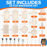 Emporio Kitchen Baking Pan Set - Nonstick Coating, Carbon Steel Bakeware Set with White Silicone Handle, PFOA, PFOS, PTFE Free, Recipe Booklet Included, Oven Safe Tray (Up To 450° F) Set of 25 - White Emporio Kitchen