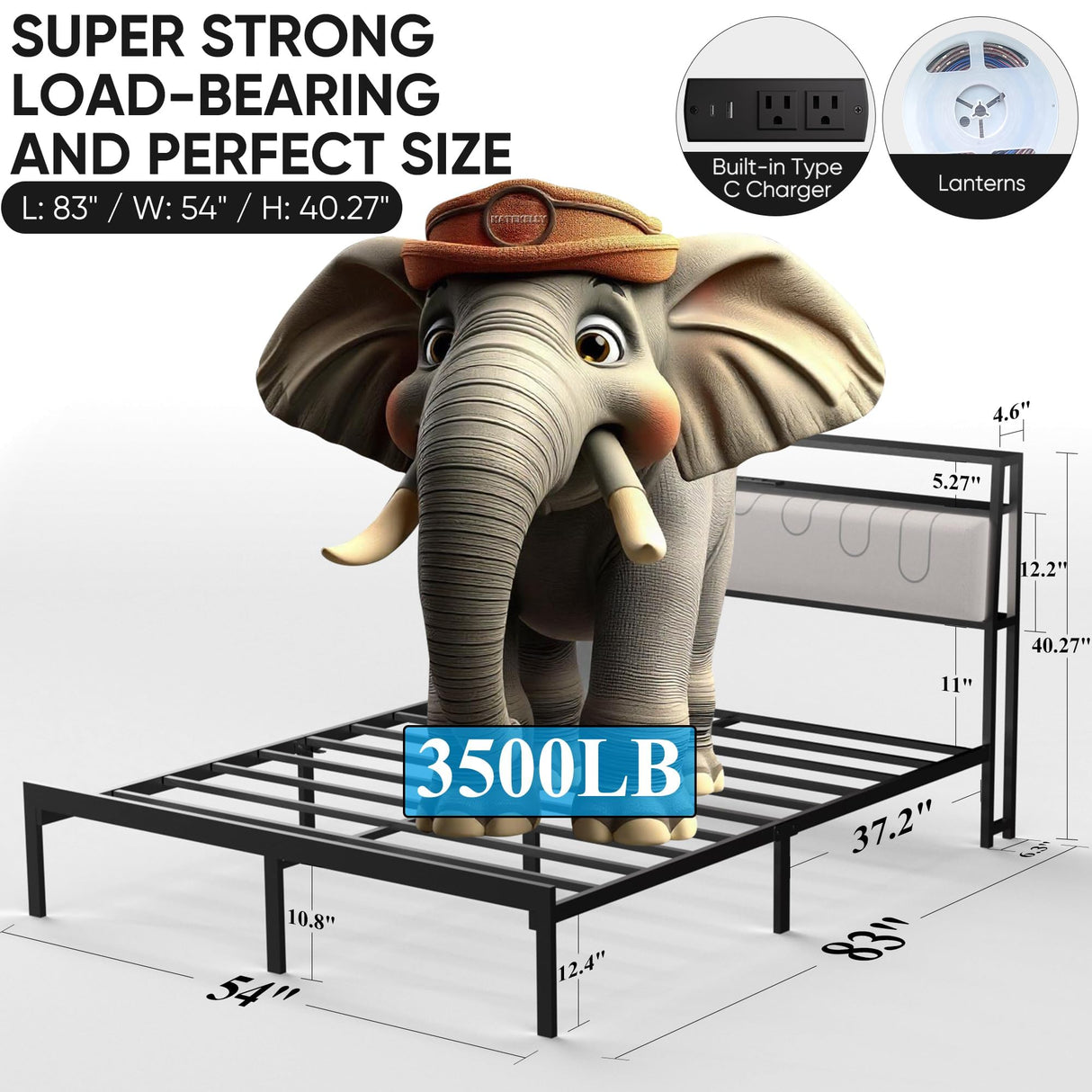 Full size bed frame with led lights, Metal Platform Frame Upholstered Headboard, Charging Station, Storage Shelves, Heavy Duty Metal Slats, No Box Spring Needed, Noise Free, Easy Assembly, Black Natekelly