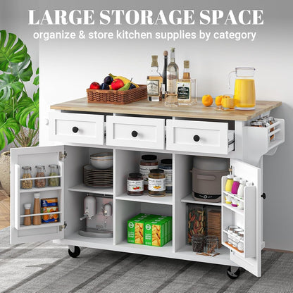 Rovibek Rolling Kitchen Island with Drawers, White Kitchen Island Cart with Storage, 53 in Portabl Island for Kitchen with Large Storage Cabinet, Shelf and Drawer