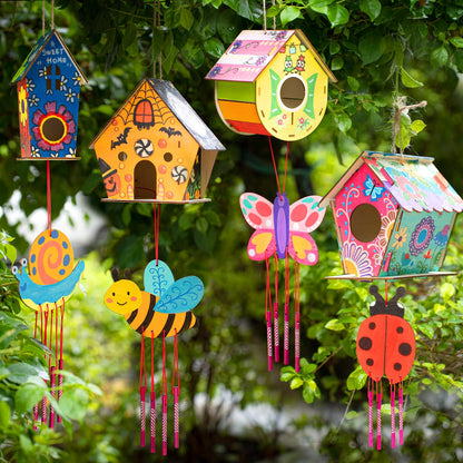 DoodleDoo 8 Pack Bird House & Wind Chime Kits, Buildable Birdhouse DIY Crafts for Kids Ages 4-8 8-12, for Children Boy Girl to Build, 3+ Summer Arts and Craft