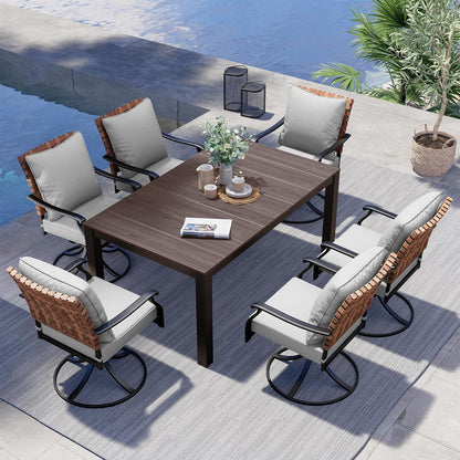 Grand patio 7-Piece Outdoor Dining Set, 6 Leather-Look Wicker Swivel Patio Chairs & 1 Rectangular Faux Woodgrain Dining Table, Dark Brown - WoodArtSupply