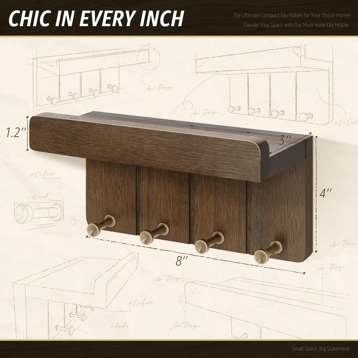 Rebee Vision Farmhouse Key Holder Wall Mount - Small Key and Mail Holder for Wall with 4 Hooks and Mini Floating Shelf - Ideal Apartment Essentials for Room Decor Aesthetic (Rustic Brown) Rebee Vision