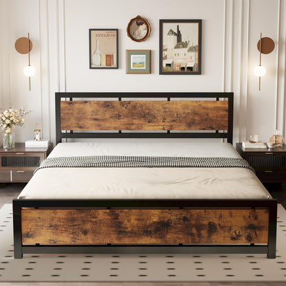 LIKIMIO Industrial King Bed Frame with Vintage Wood Headboard and 12 Strong Metal Legs - Easy Assembly, No Box Spring Needed - WoodArtSupply