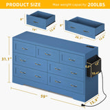 DWVO Farmhouse 7 Drawer Dresser for Bedroom, 59" Wide Large Modern Dresser TV Stand with Drawers & Bar Handles, Storage Dressers with Power Outlets, Rustic Wood Chest of Drawers, Blue Upgraged DWVO