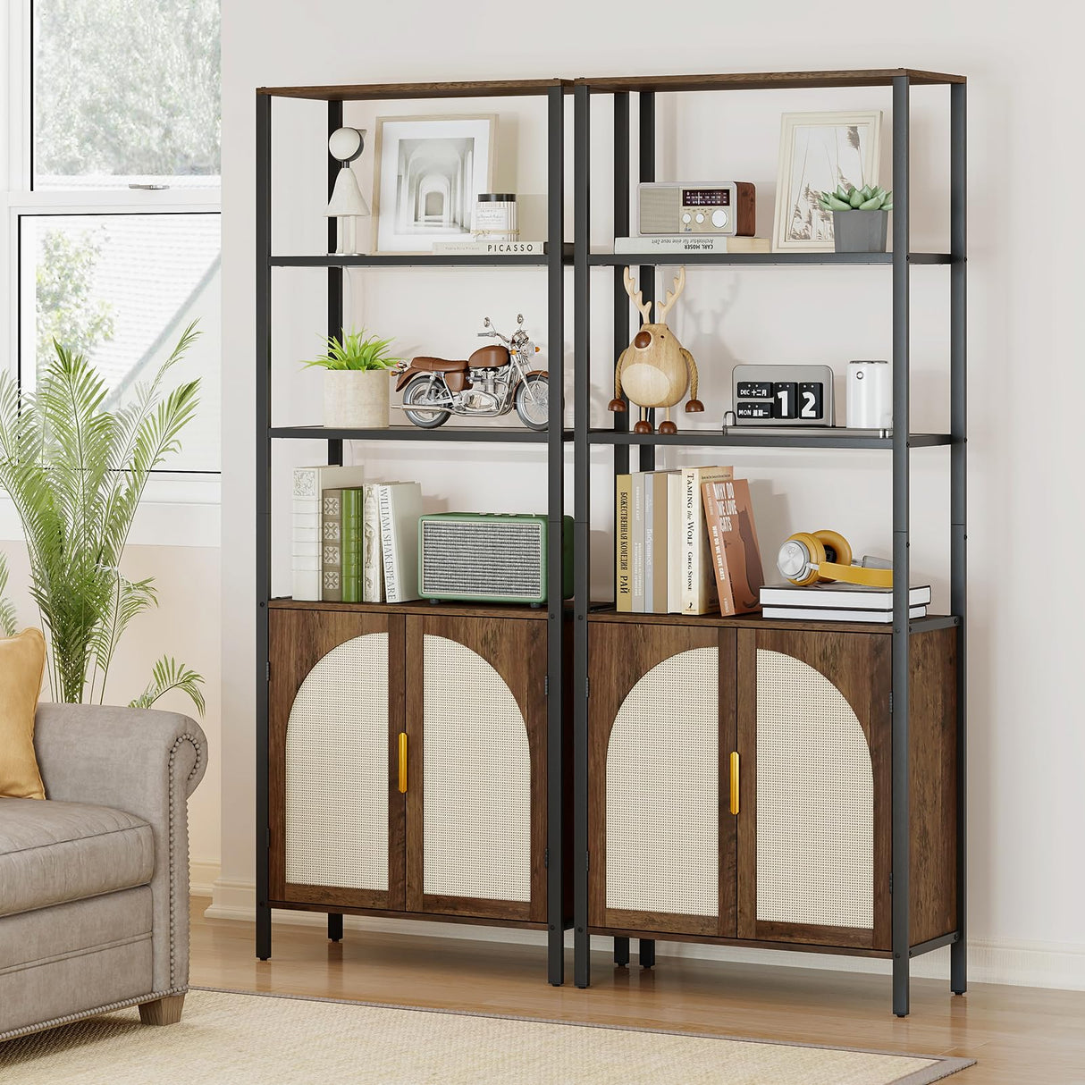 Turosur Bookshelf with Rattan Doors & LED Lights, 71" Tall Bookcase with Storage & Adjustable Shelf, Boho Display Standing Shelf Unit for Bedroom, Living Room and Home Office Turosur