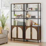 Turosur Bookshelf with Rattan Doors & LED Lights, 71" Tall Bookcase with Storage & Adjustable Shelf, Boho Display Standing Shelf Unit for Bedroom, Living Room and Home Office Turosur