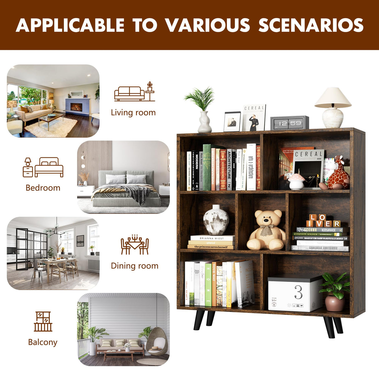 Shintenchi Cube Storage Organizer, 3 Tier Mid-Century Bookcase with Legs Cubeicals Retro Wood Organizer Storage Bookcase, Freestanding Open Book Shelves for Bedroom,Living Room,Office(Brown) Shintenchi