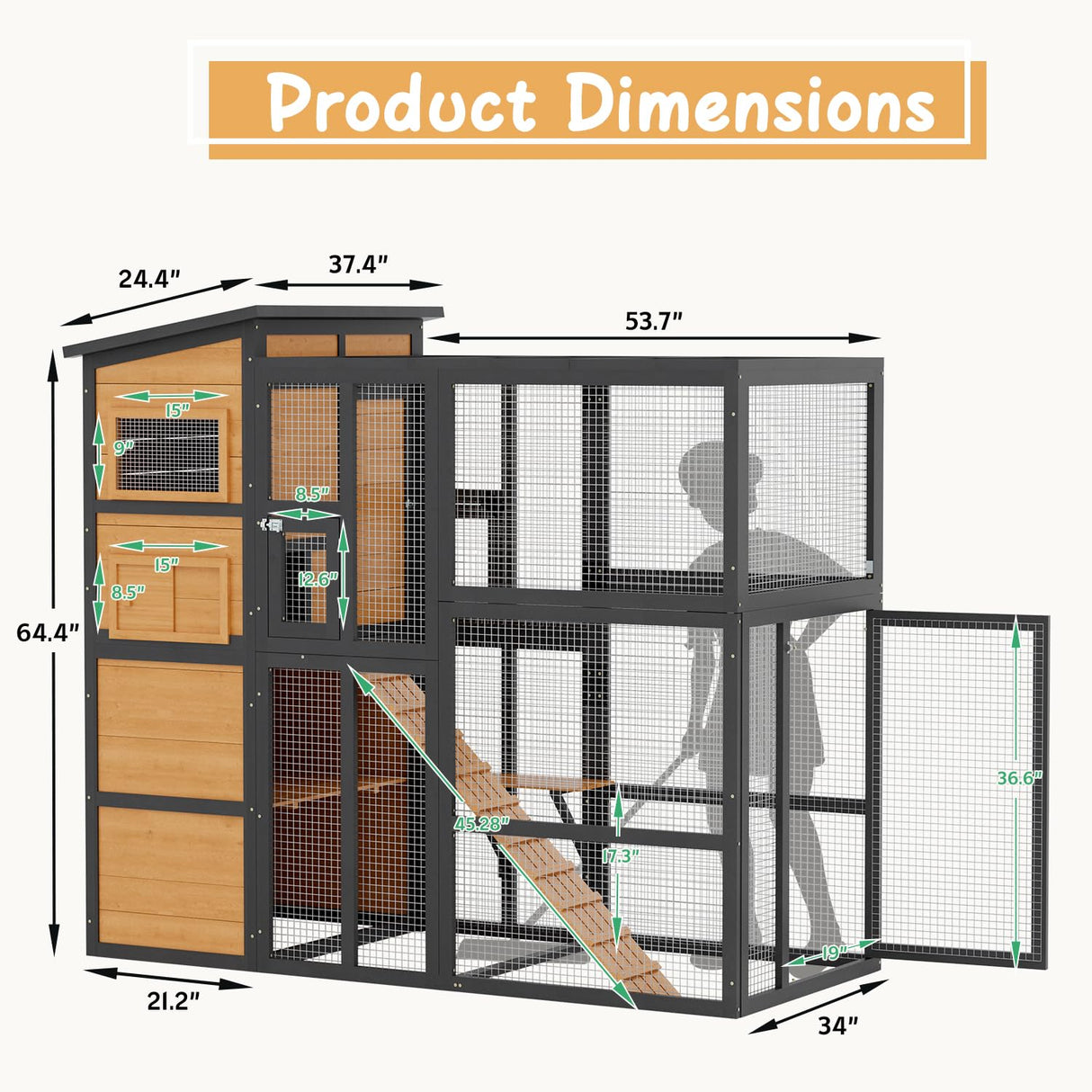 JFHID 4-Tier Cat Catio Enclosure with Weatherproof Roof, 3 Resting Rooms & Climbing Ramp, Large Outdoor Indoor Cat House Cage for Small Animals, Brown and Black JFHID