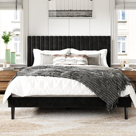 Sismplly Queen Size Bed Frame with Velvet Upholstered Headboard, Platform Bed with Strong Wood Slats, Mattress Foundation, Box Spring Optional, Easy Assembly, Black Sismplly